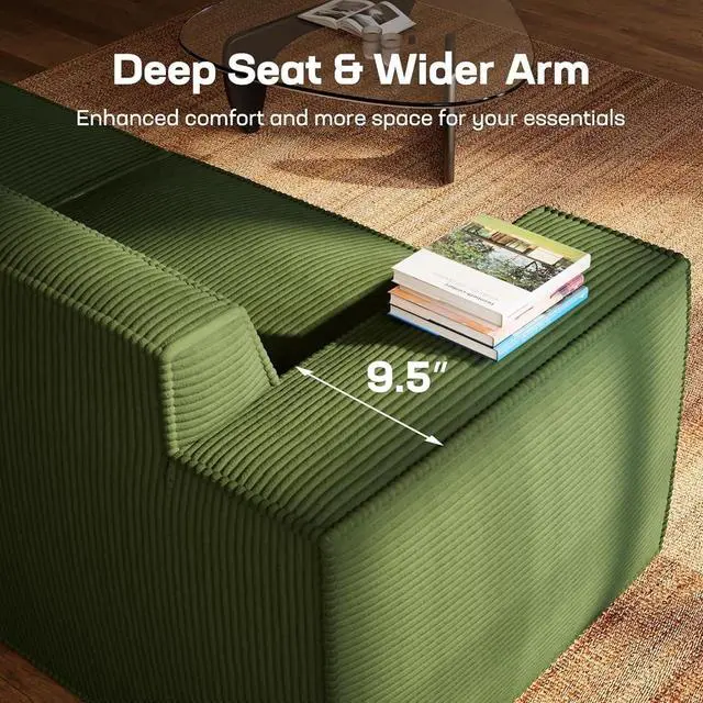 Alt view image 5 of 7 - 80" L-Shaped Modular Sectional Sofa with Removable Ottoman, 3 Seater Corduroy Cloud Boneless Couch with Deep Seat for Living Room, Green