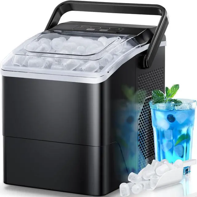Alt view image 7 of 7 - Ice Maker Countertop, 9 Cubes Ready in 6 Mins, 26 lbs per Day, Ice Machine with 2 Ice Sizes and Self-Cleaning, Portable Ice Maker with Handle for Home, Kitchen, Camping, RV, Office, Black