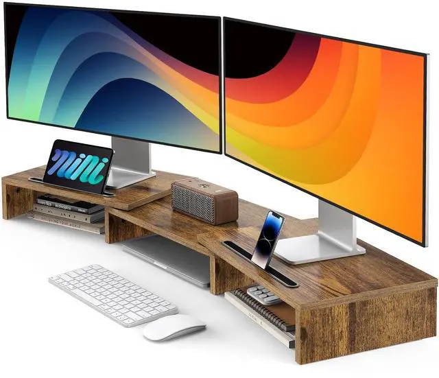 Main image of Dual Monitor Stand Riser- 3 Shelf Screen Stand with Adjustable Length and Angle, 2 Extra Functional Slot Desktop Organizer Stand for PC, Computer, Laptop (Rustic Brown)