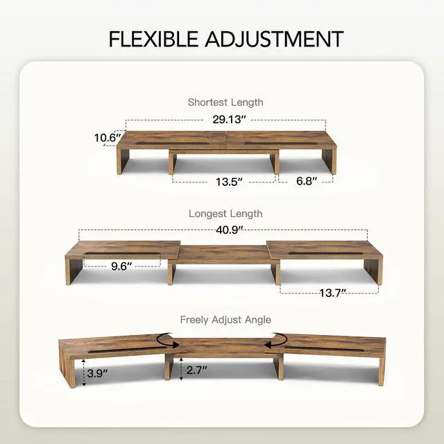 Alt view image 2 of 7 - Dual Monitor Stand Riser- 3 Shelf Screen Stand with Adjustable Length and Angle, 2 Extra Functional Slot Desktop Organizer Stand for PC, Computer, Laptop (Rustic Brown)