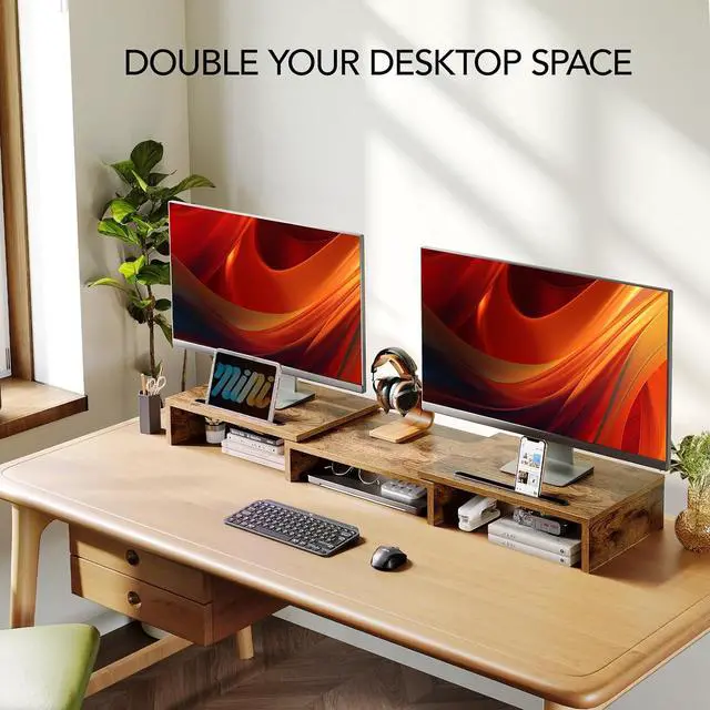 Alt view image 3 of 7 - Dual Monitor Stand Riser- 3 Shelf Screen Stand with Adjustable Length and Angle, 2 Extra Functional Slot Desktop Organizer Stand for PC, Computer, Laptop (Rustic Brown)