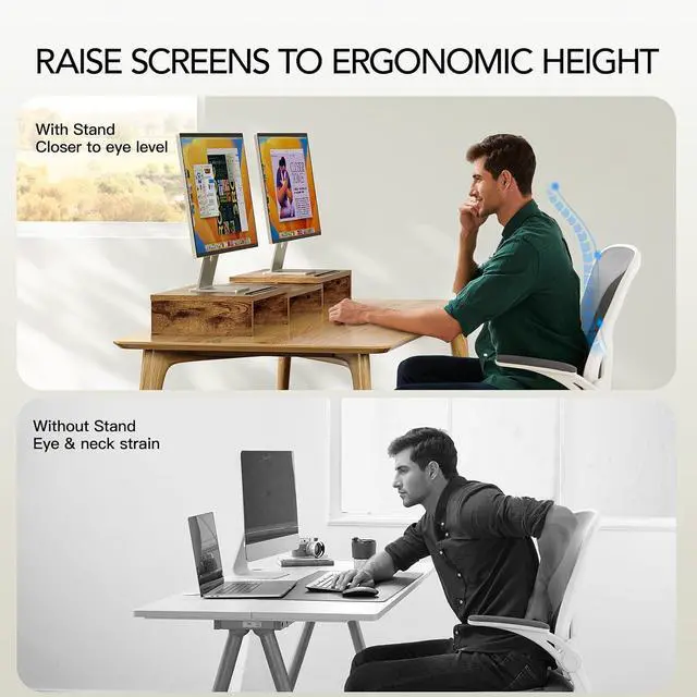 Alt view image 4 of 7 - Dual Monitor Stand Riser- 3 Shelf Screen Stand with Adjustable Length and Angle, 2 Extra Functional Slot Desktop Organizer Stand for PC, Computer, Laptop (Rustic Brown)