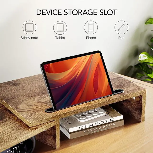 Alt view image 5 of 7 - Dual Monitor Stand Riser- 3 Shelf Screen Stand with Adjustable Length and Angle, 2 Extra Functional Slot Desktop Organizer Stand for PC, Computer, Laptop (Rustic Brown)
