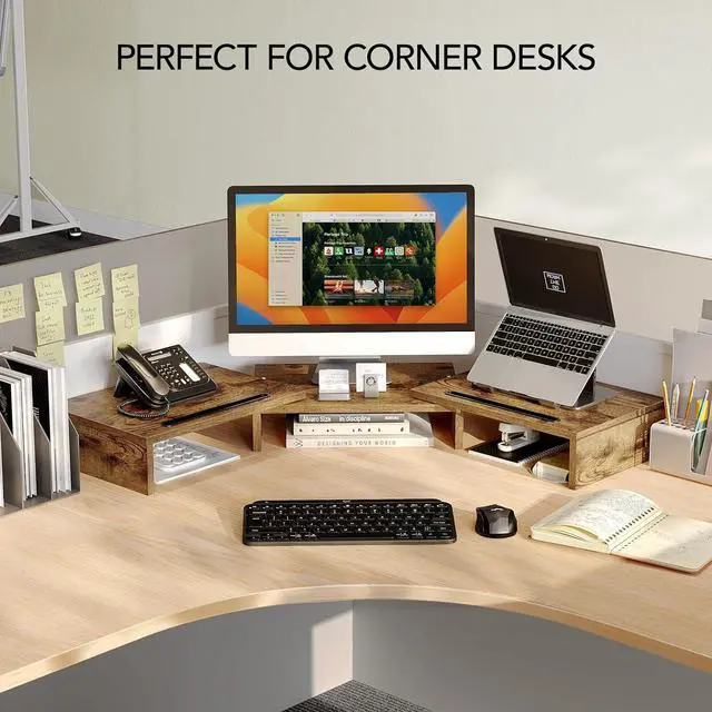 Alt view image 7 of 7 - Dual Monitor Stand Riser- 3 Shelf Screen Stand with Adjustable Length and Angle, 2 Extra Functional Slot Desktop Organizer Stand for PC, Computer, Laptop (Rustic Brown)