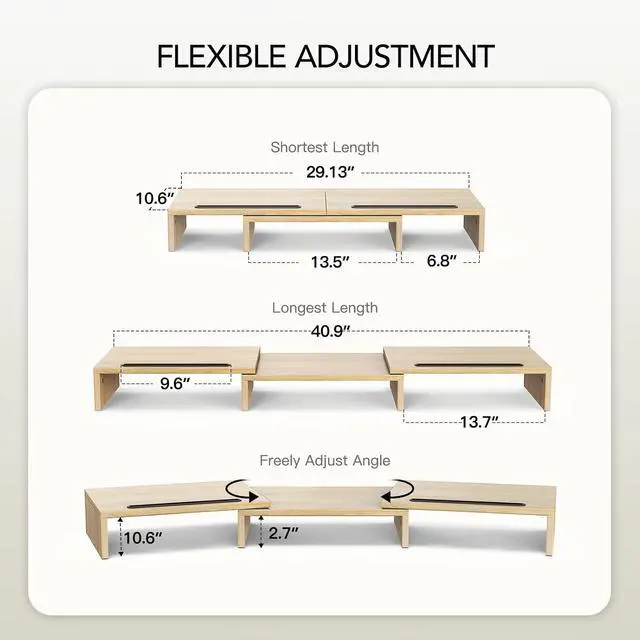 Alt view image 2 of 7 - Dual Monitor Stand Riser- 3 Shelf Screen Stand with Adjustable Length and Angle, 2 Extra Functional Slot Desktop Organizer Stand for PC, Computer, Laptop (Light Wood)