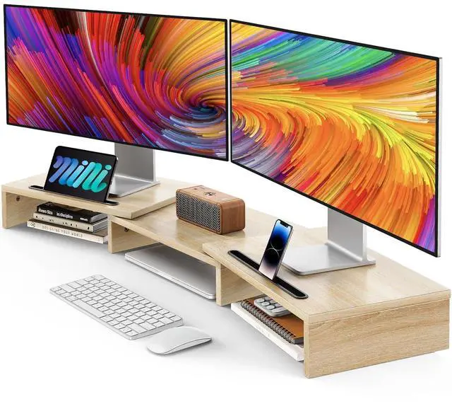 Main image of Dual Monitor Stand Riser- 3 Shelf Screen Stand with Adjustable Length and Angle, 2 Extra Functional Slot Desktop Organizer Stand for PC, Computer, Laptop (Light Wood)