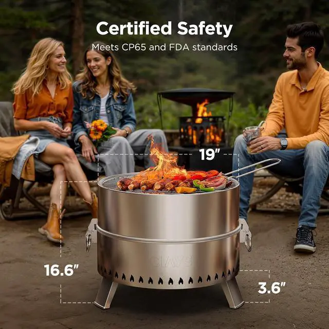 Alt view image 4 of 7 - Smokeless Firepit, 19 Inch Fire Pit for Camping with Patented Technology, Portable Fire Pit for Outside with Steel Grill Rack, Fire Poker, and Bag, Easy Setup and Storage, Wood Burning