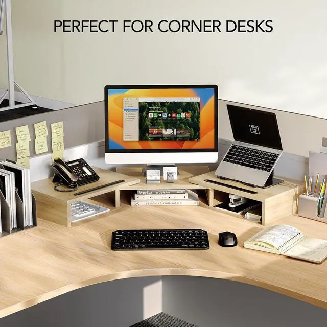 Alt view image 7 of 7 - Dual Monitor Stand Riser- 3 Shelf Screen Stand with Adjustable Length and Angle, 2 Extra Functional Slot Desktop Organizer Stand for PC, Computer, Laptop (Light Wood)