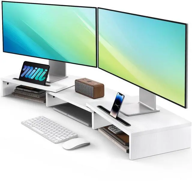 Main image of Dual Monitor Stand Riser- 3 Shelf Screen Stand with Adjustable Length and Angle, 2 Extra Functional Slot Desktop Organizer Stand for PC, Computer, Laptop (White)