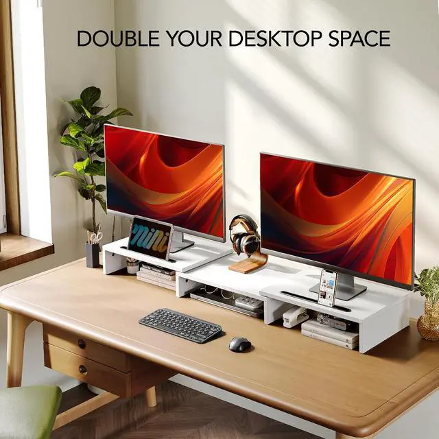Alt view image 3 of 7 - Dual Monitor Stand Riser- 3 Shelf Screen Stand with Adjustable Length and Angle, 2 Extra Functional Slot Desktop Organizer Stand for PC, Computer, Laptop (White)