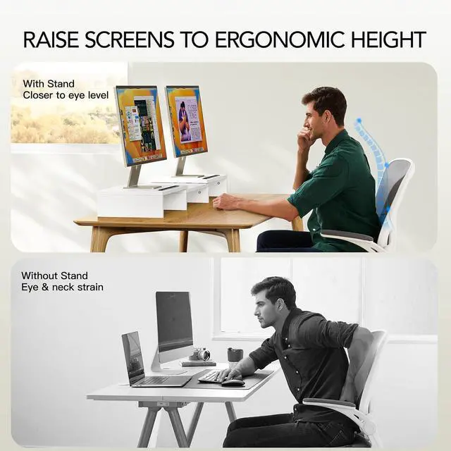 Alt view image 4 of 7 - Dual Monitor Stand Riser- 3 Shelf Screen Stand with Adjustable Length and Angle, 2 Extra Functional Slot Desktop Organizer Stand for PC, Computer, Laptop (White)