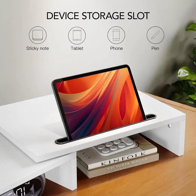 Alt view image 5 of 7 - Dual Monitor Stand Riser- 3 Shelf Screen Stand with Adjustable Length and Angle, 2 Extra Functional Slot Desktop Organizer Stand for PC, Computer, Laptop (White)
