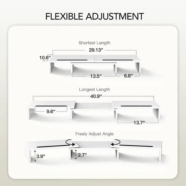 Alt view image 2 of 7 - Dual Monitor Stand Riser- 3 Shelf Screen Stand with Adjustable Length and Angle, 2 Extra Functional Slot Desktop Organizer Stand for PC, Computer, Laptop (White)
