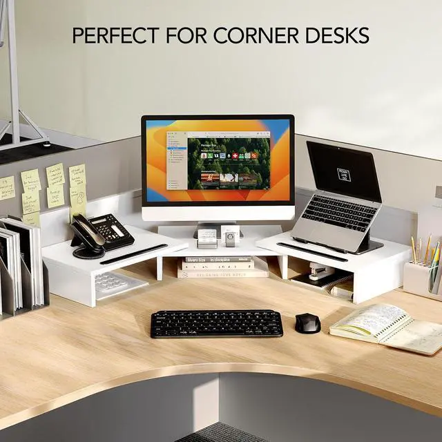 Alt view image 7 of 7 - Dual Monitor Stand Riser- 3 Shelf Screen Stand with Adjustable Length and Angle, 2 Extra Functional Slot Desktop Organizer Stand for PC, Computer, Laptop (White)