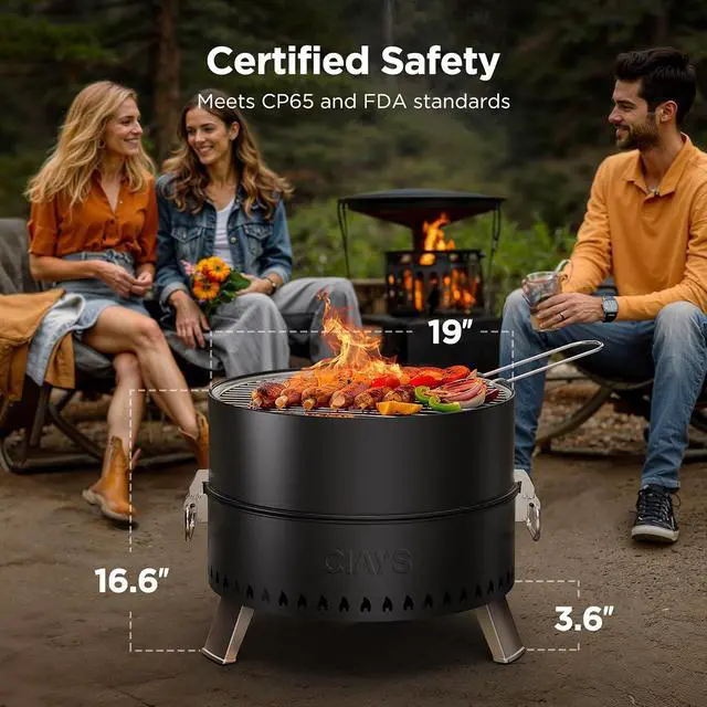 Alt view image 4 of 7 - Smokeless Firepit, 19 Inch Fire Pit for Camping with Patented Technology, Portable Fire Pit for Outside with Steel Grill Rack, Fire Poker, and Bag, Easy Setup and Storage, Wood Burning (Black)