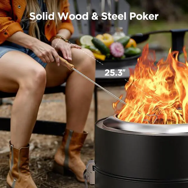 Alt view image 7 of 7 - Smokeless Firepit, 19 Inch Fire Pit for Camping with Patented Technology, Portable Fire Pit for Outside with Steel Grill Rack, Fire Poker, and Bag, Easy Setup and Storage, Wood Burning (Black)