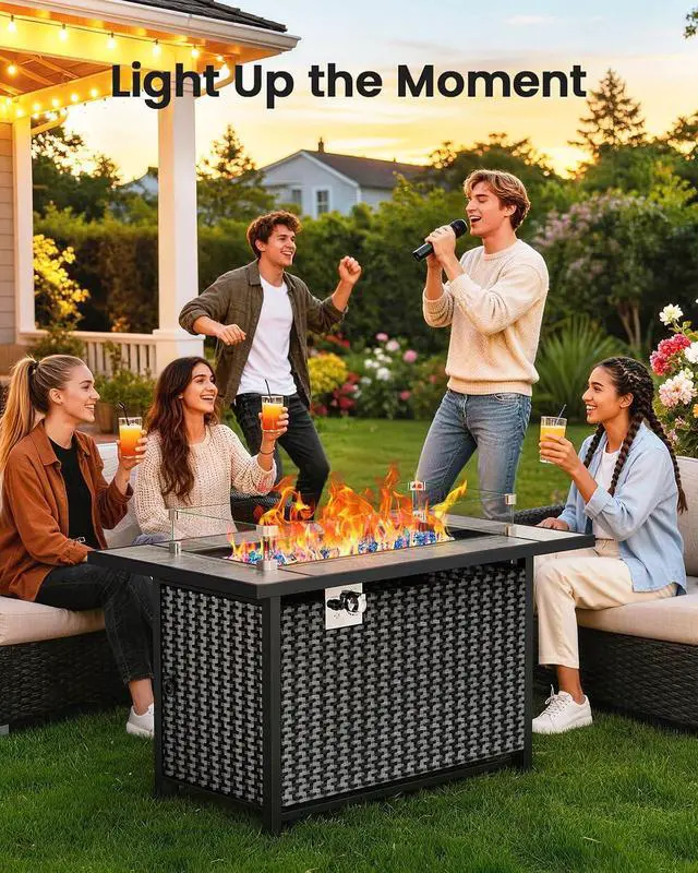 Alt view image 2 of 7 - 43 Fire Pit Table, Outdoor Propane Fire Pit Table with Premium Ceramic Tabletop, Glass Wind Guard, Lid, Glass Rock, 50,000 BTU CSA-Certified Gas Fire Pits for Outside Patio, Party, Deck