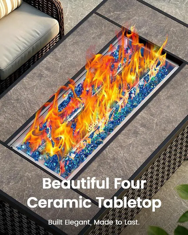 Alt view image 3 of 7 - 43 Fire Pit Table, Outdoor Propane Fire Pit Table with Premium Ceramic Tabletop, Glass Wind Guard, Lid, Glass Rock, 50,000 BTU CSA-Certified Gas Fire Pits for Outside Patio, Party, Deck