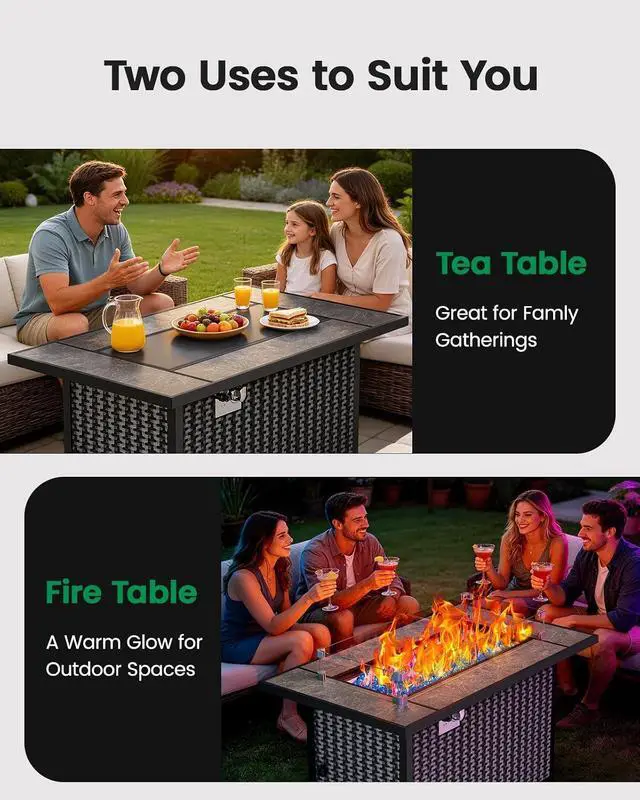 Alt view image 5 of 7 - 43 Fire Pit Table, Outdoor Propane Fire Pit Table with Premium Ceramic Tabletop, Glass Wind Guard, Lid, Glass Rock, 50,000 BTU CSA-Certified Gas Fire Pits for Outside Patio, Party, Deck
