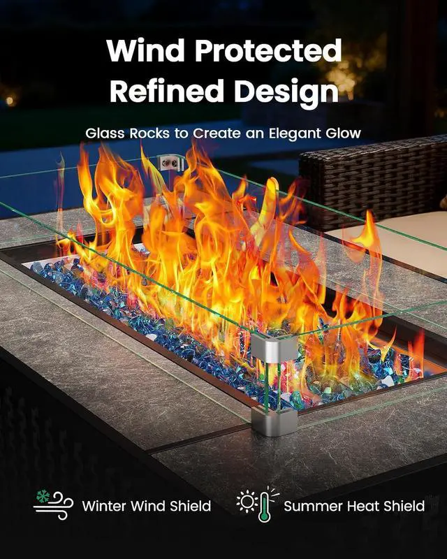 Alt view image 4 of 7 - 43 Fire Pit Table, Outdoor Propane Fire Pit Table with Premium Ceramic Tabletop, Glass Wind Guard, Lid, Glass Rock, 50,000 BTU CSA-Certified Gas Fire Pits for Outside Patio, Party, Deck