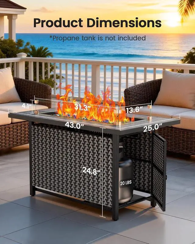Alt view image 7 of 7 - 43 Fire Pit Table, Outdoor Propane Fire Pit Table with Premium Ceramic Tabletop, Glass Wind Guard, Lid, Glass Rock, 50,000 BTU CSA-Certified Gas Fire Pits for Outside Patio, Party, Deck