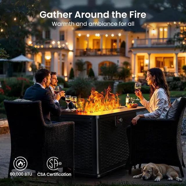 Alt view image 2 of 7 - 43-Inch Rectangular Propane Fire Pit with 60,000 BTU Output, Gas with Cover & Rocks, Table CSA-Certified 2 in 1Table Gatherings Parties with 304 Stainless Steel H-Burner
