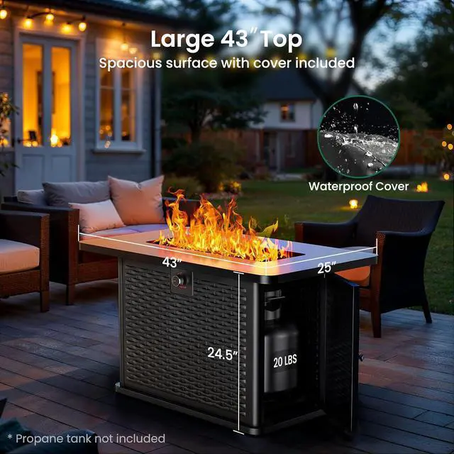 Alt view image 3 of 7 - 43-Inch Rectangular Propane Fire Pit with 60,000 BTU Output, Gas with Cover & Rocks, Table CSA-Certified 2 in 1Table Gatherings Parties with 304 Stainless Steel H-Burner