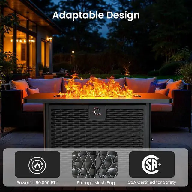 Alt view image 5 of 7 - 43-Inch Rectangular Propane Fire Pit with 60,000 BTU Output, Gas with Cover & Rocks, Table CSA-Certified 2 in 1Table Gatherings Parties with 304 Stainless Steel H-Burner
