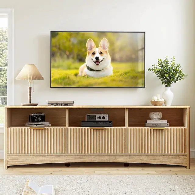 Main image of 59 Wide TV Stand for TVs Up to 65, Modern Entertainment Center with Fluted Panels, 3 Easy-Sliding Drawers, Open Shelves & Cable Hole, 3-Tier TV Stands for Living Room & Bedroom, Natural Oak