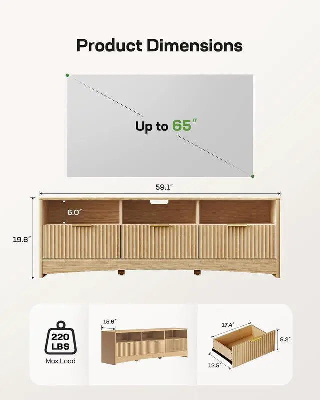 Alt view image 2 of 7 - 59 Wide TV Stand for TVs Up to 65, Modern Entertainment Center with Fluted Panels, 3 Easy-Sliding Drawers, Open Shelves & Cable Hole, 3-Tier TV Stands for Living Room & Bedroom, Natural Oak