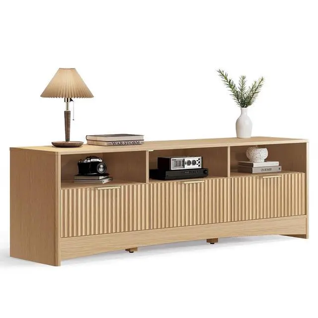 Alt view image 3 of 7 - 59 Wide TV Stand for TVs Up to 65, Modern Entertainment Center with Fluted Panels, 3 Easy-Sliding Drawers, Open Shelves & Cable Hole, 3-Tier TV Stands for Living Room & Bedroom, Natural Oak