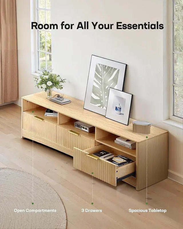 Alt view image 4 of 7 - 59 Wide TV Stand for TVs Up to 65, Modern Entertainment Center with Fluted Panels, 3 Easy-Sliding Drawers, Open Shelves & Cable Hole, 3-Tier TV Stands for Living Room & Bedroom, Natural Oak