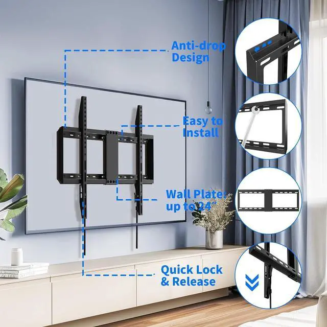 Alt view image 2 of 7 - Fixed TV Wall Mount for 37-82 inch TVs, TV Wall Bracket with Adjustable Pull Cords, Max 600 x 400mm, Hold up to 132 lbs