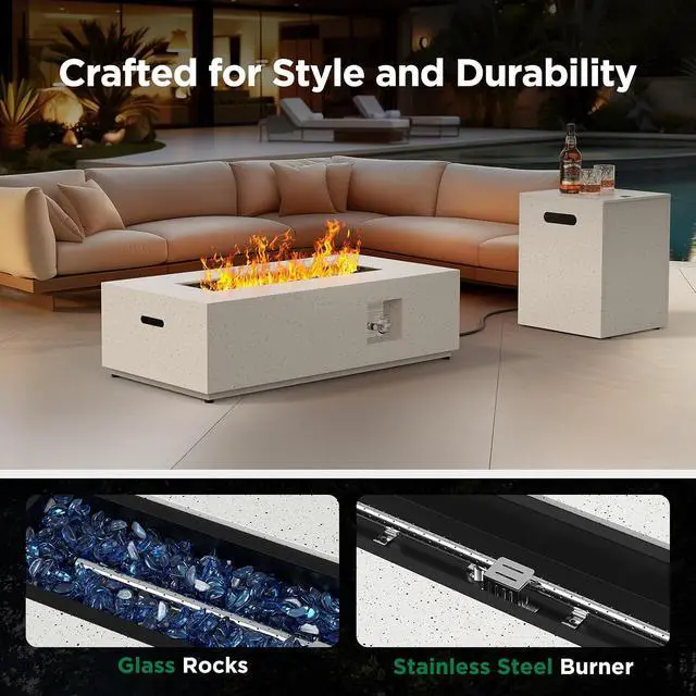 Alt view image 5 of 7 - 43Inch Propane Fire Pit, 50000 BTU Outdoor Gas Fire Pit Table with CSA Certification, Glass Rocks, Rectangular Heater for Patio, Backyard, Deck, Balcony, with Waterproof Cover & Adjustable Legs