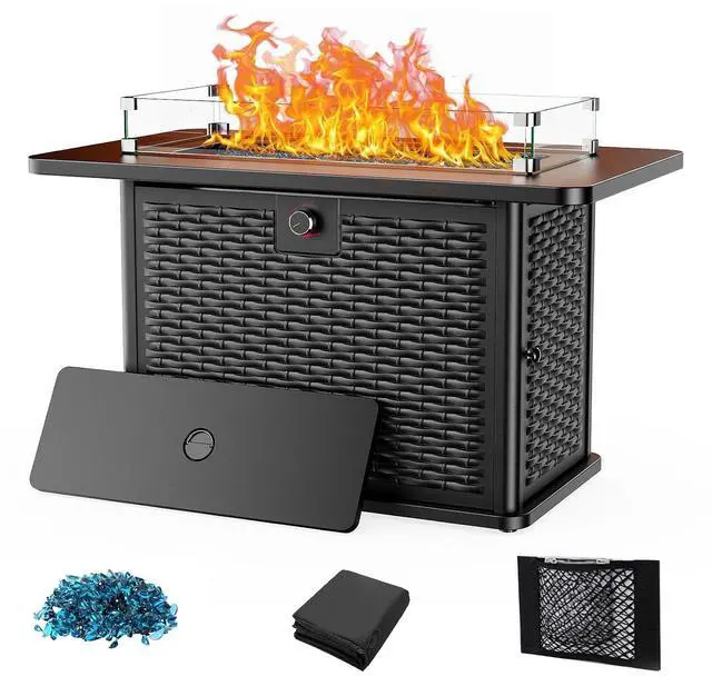Main image of 43" Propane Fire Pit Table with Wind Guard - 60,000 BTU Gas Rectangular Fire Pit with Blue Glass Rocks, Waterproof Cover for Deck, Backyard, Garden, Outdoor, CSA-Certified