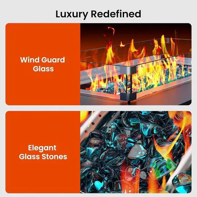 Alt view image 2 of 7 - 43" Propane Fire Pit Table with Wind Guard - 60,000 BTU Gas Rectangular Fire Pit with Blue Glass Rocks, Waterproof Cover for Deck, Backyard, Garden, Outdoor, CSA-Certified