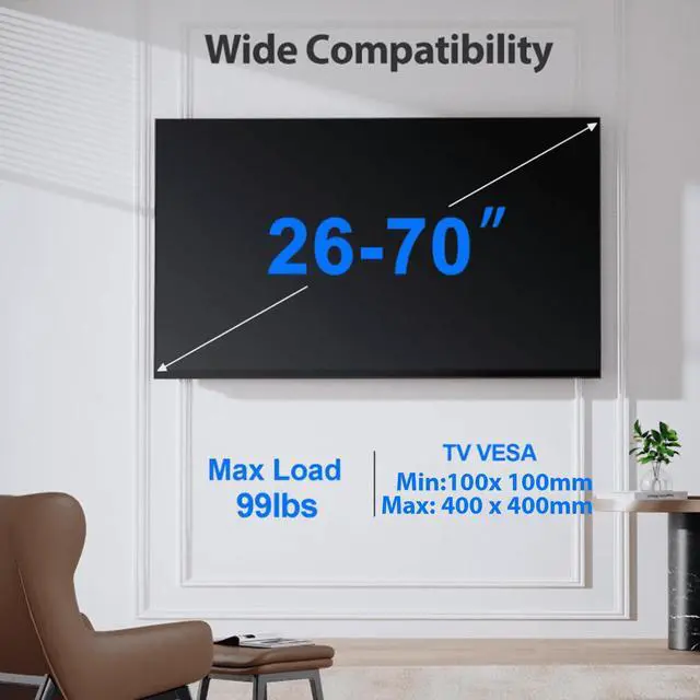 Alt view image 7 of 7 - Full Motion Swivel TV Wall Mount Bracket for 26-70 inch Flat Curved TVs, Hold up to 99 lbs,Max 400x400mm, Fits 12/16 Wood Studs with Articulating Dual Arms