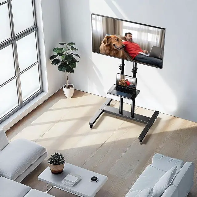 Alt view image 2 of 7 - Modern Rolling TV Stand with Metal Shelf for 32-82 Inch TVs,Height Adjustable Mobile TV Cart with Swivel Tilt, Max 600x400mm, Holds up to 110 lbs
