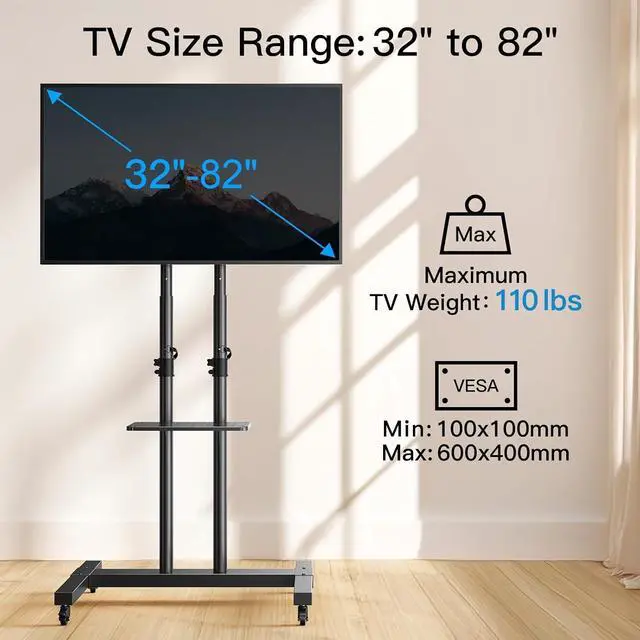 Alt view image 4 of 7 - Modern Rolling TV Stand with Metal Shelf for 32-82 Inch TVs,Height Adjustable Mobile TV Cart with Swivel Tilt, Max 600x400mm, Holds up to 110 lbs