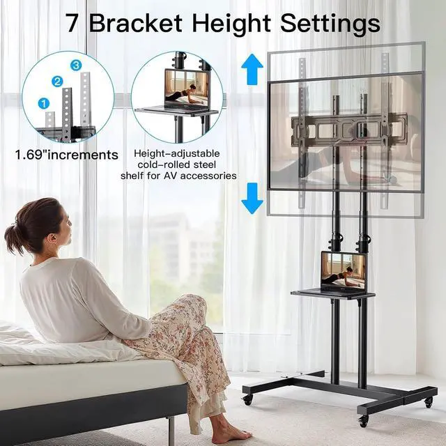 Alt view image 5 of 7 - Modern Rolling TV Stand with Metal Shelf for 32-82 Inch TVs,Height Adjustable Mobile TV Cart with Swivel Tilt, Max 600x400mm, Holds up to 110 lbs