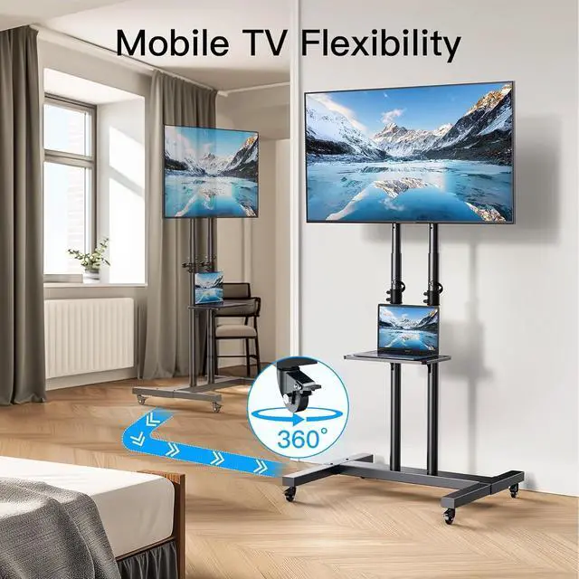 Alt view image 7 of 7 - Modern Rolling TV Stand with Metal Shelf for 32-82 Inch TVs,Height Adjustable Mobile TV Cart with Swivel Tilt, Max 600x400mm, Holds up to 110 lbs