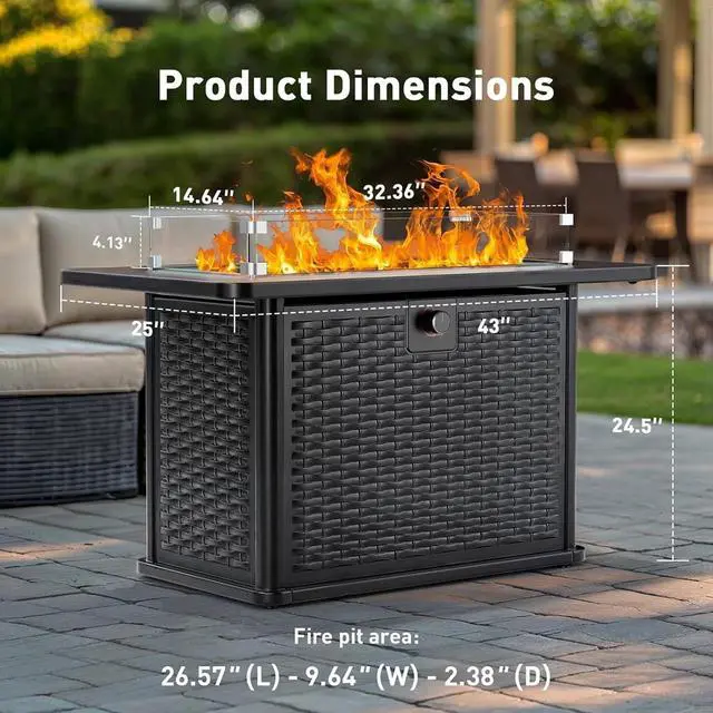 Alt view image 4 of 7 - 43" Propane Fire Pit Table with Wind Guard - 60,000 BTU Gas Rectangular Fire Pit with Blue Glass Rocks, Waterproof Cover for Deck, Backyard, Garden, Outdoor, CSA-Certified