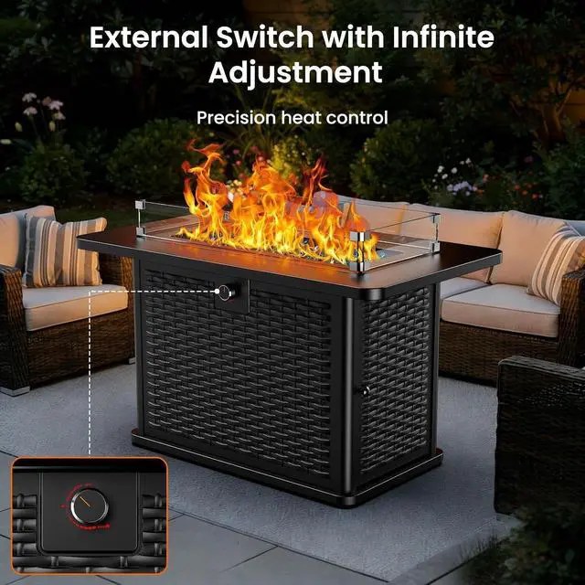 Alt view image 3 of 7 - 43" Propane Fire Pit Table with Wind Guard - 60,000 BTU Gas Rectangular Fire Pit with Blue Glass Rocks, Waterproof Cover for Deck, Backyard, Garden, Outdoor, CSA-Certified
