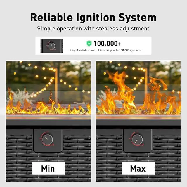Alt view image 6 of 7 - 43" Propane Fire Pit Table with Wind Guard - 60,000 BTU Gas Rectangular Fire Pit with Blue Glass Rocks, Waterproof Cover for Deck, Backyard, Garden, Outdoor, CSA-Certified