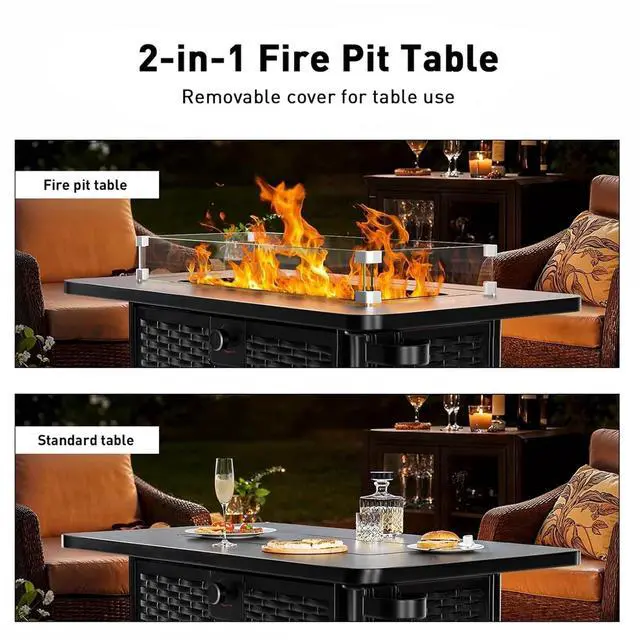 Alt view image 5 of 7 - 43" Propane Fire Pit Table with Wind Guard - 60,000 BTU Gas Rectangular Fire Pit with Blue Glass Rocks, Waterproof Cover for Deck, Backyard, Garden, Outdoor, CSA-Certified