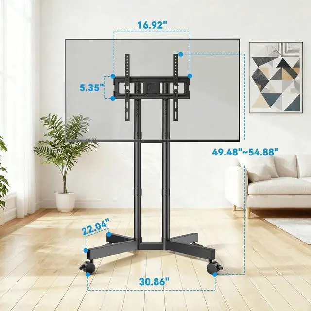 Alt view image 2 of 7 - Modern Rolling TV Stand Mount for 32-70 Inch TVs, Mobile TV Stand Holds up to 88 lb with 5 Height Adjustable Mobile TV Cart with Tilt, Max 400x400mm Rolling TV Cart