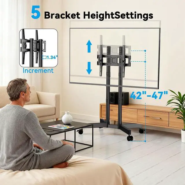 Alt view image 5 of 7 - Modern Rolling TV Stand Mount for 32-70 Inch TVs, Mobile TV Stand Holds up to 88 lb with 5 Height Adjustable Mobile TV Cart with Tilt, Max 400x400mm Rolling TV Cart