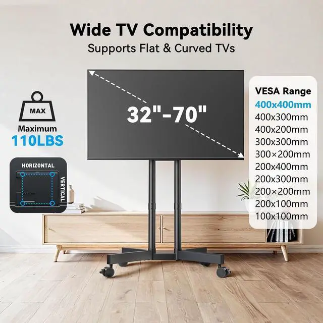 Alt view image 6 of 7 - Modern Rolling TV Stand Mount for 32-70 Inch TVs, Mobile TV Stand Holds up to 88 lb with 5 Height Adjustable Mobile TV Cart with Tilt, Max 400x400mm Rolling TV Cart
