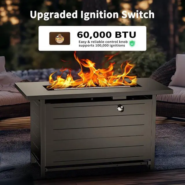 Alt view image 2 of 7 - 42" Rectangular Gas Fire Pit Table, 60,000 BTU Propane Fire Pits for Outside with Lid and Lava Rock