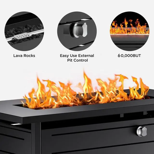 Alt view image 7 of 7 - 42" Rectangular Gas Fire Pit Table, 60,000 BTU Propane Fire Pits for Outside with Lid and Lava Rock